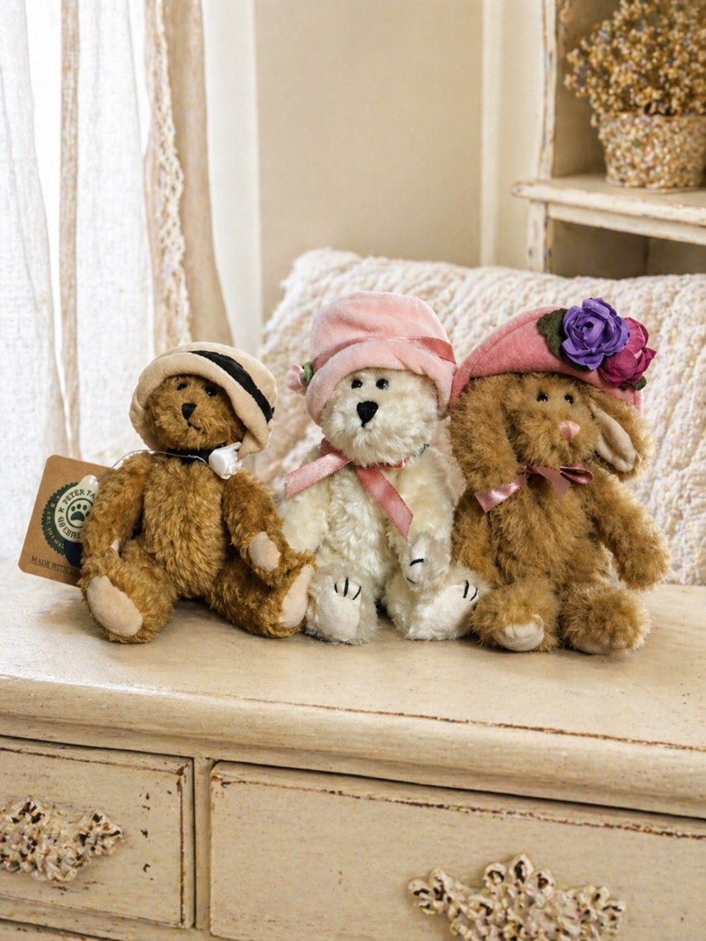 VINTAGE BOYDS BEARS & FRIENDS Pink-Hat Jointed Plush Trio (2 NWT) 1990s–Y2K Gift